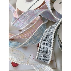 25mm Polyester Ribbon Lattice Plaid Ribbon Pearl Edge OEM ODM