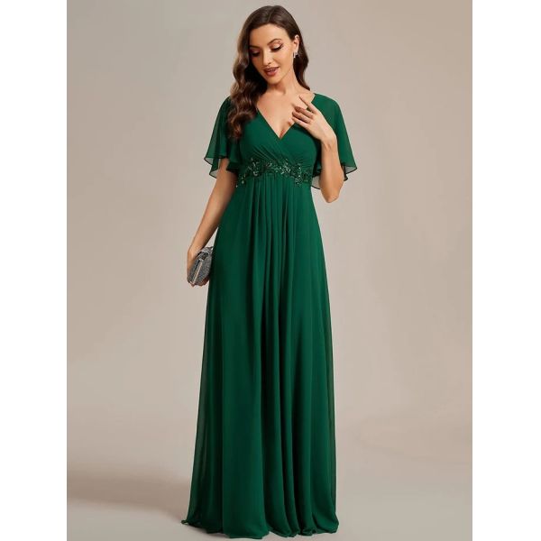 Sexy Empire Applique A-line Short Flutter Sleeves V-neck Invisible Zipper Dark Green Chiffon Evening Dress