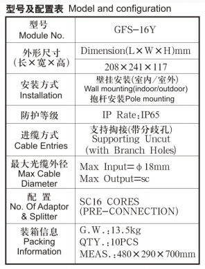 plastic fiber distribution box GFS-16Y, 8CORES(PRE-CONNECTION),208*241*117mm,wall/pole-mounted,IP65,,support uncut