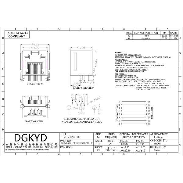 RJ45 All Plastic Ear Mesh Port Connector 8P8C Communication Interface DGKYD5521E1188IWA1DY1017