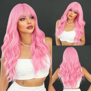 Fashion Long Body Wave Hair Pink Synthetic Wigs For Women