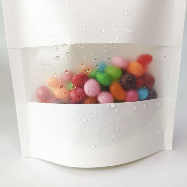 Customized Printing White Kraft Stand Up Bags With Ziplock And Custom Window For Dry Food Nuts Peanuts Packaging