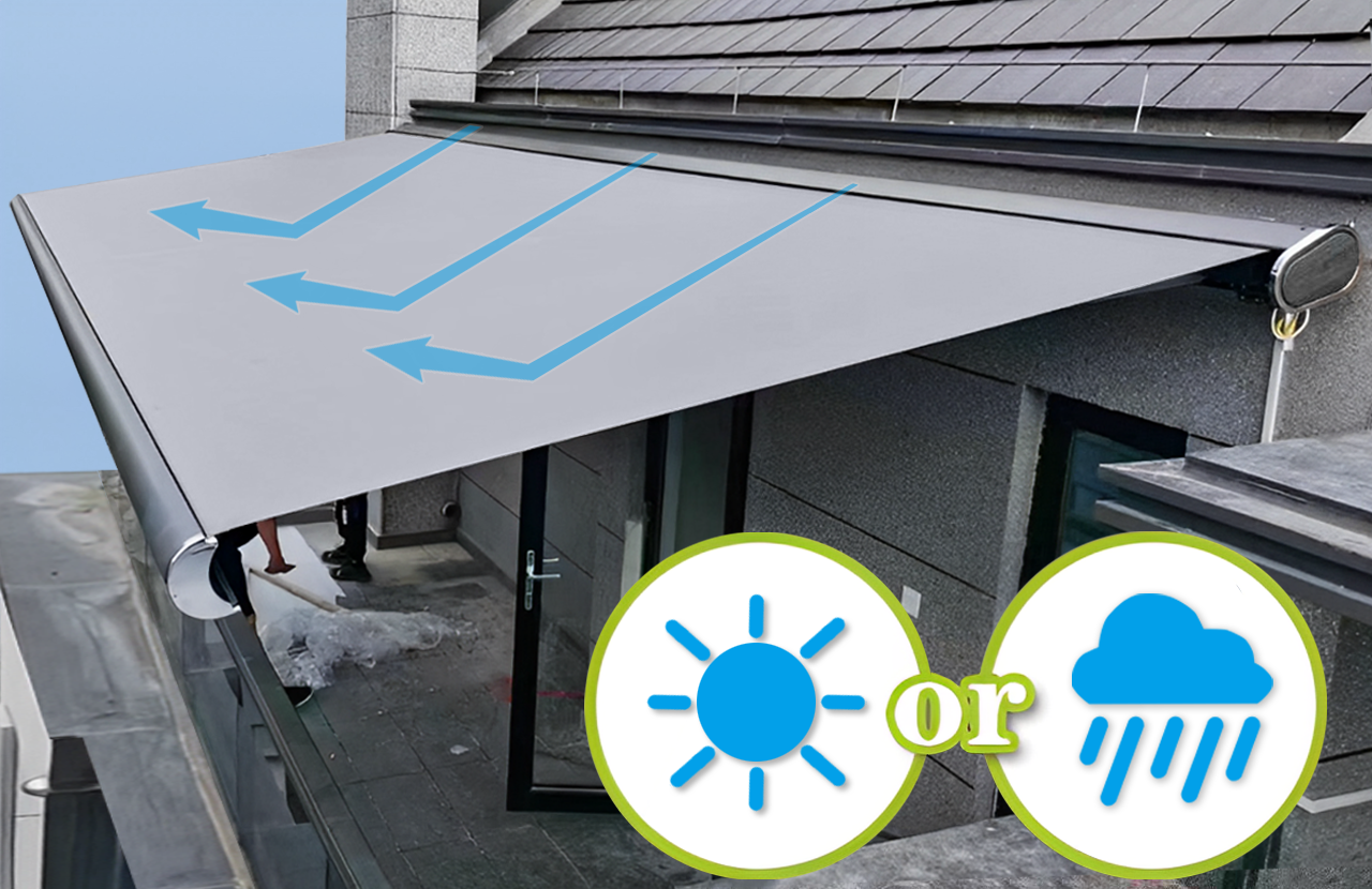 Outdoor Sunshade Motorized Lightweight Retractable Awning With LED Lights Garden Canopy