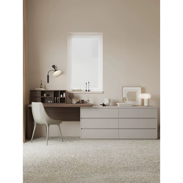 Modern makeup vanity with velvet cover and storage compartments