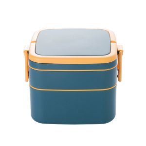 Double-Layer Portable Plastic Bento Lunch Box With Lid 1000ML Rectangular Blue