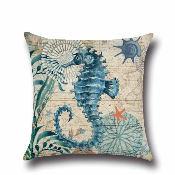 Sea Life Decorative Throw Pillow Covers 18"x 18" , Faux Linen Coastal Seahorse Cushion Cases for Bed and Couch