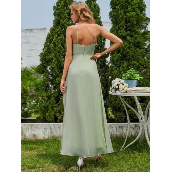 Chic Sleeveless V-neck Spaghetti Strap A-line Pink Chiffon Bridesmaid Dress With Lotus Leaf