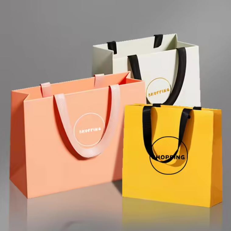Paper Bag Custom Printed Logo Luxury Clothing Shopping Paper Bags Boutique Recyclable Gift Bag With Ribbon Rope