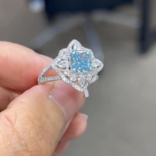 Synthetic Blue Lab Diamond Jewelry VVS Cushion Cut Engagement Ring