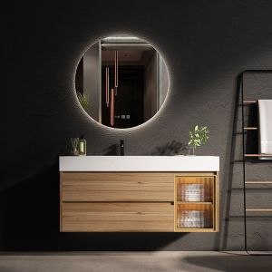 Rectangle Floating Bathroom Cabinet Solid Wood LED Mirror Vanity
