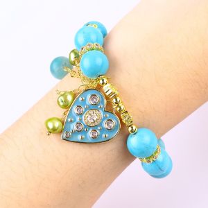 12mm Blue Turquoise Crystal Bracelet Sparkling Heart Stretch Charm Bracelet