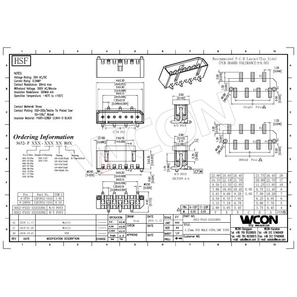 SMT Single Row Board to Board Connector 1.25mm Male PA9T(UL94V-O) BLACK