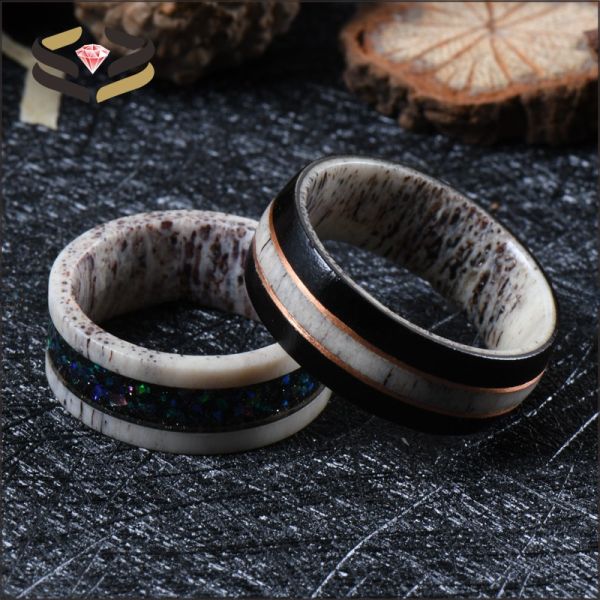8mm Nature Deer Antler Ring with African Ebony Wood and Rose Gold Circle Inlay Wedding Band Plating N/A