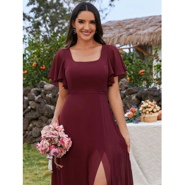 U-neck Ruffle Sleeve Empire High Slit A-line Back Tie Burgundy Chiffon Bridesmaid Dress
