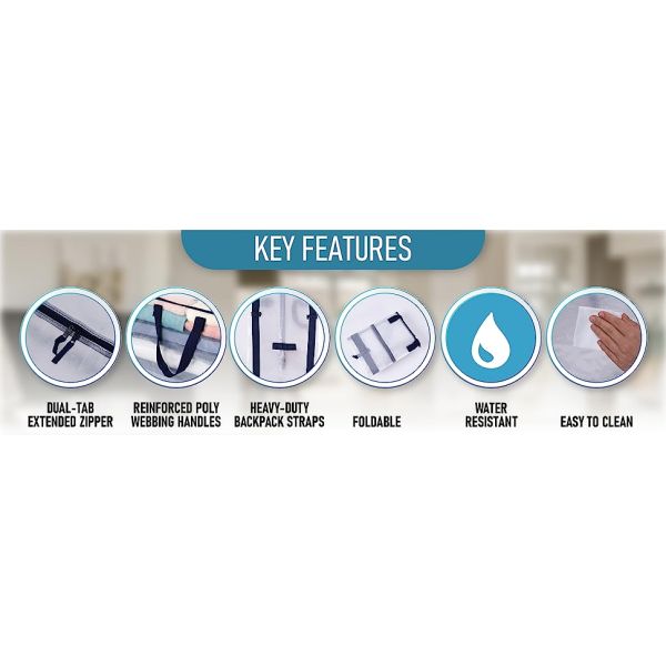 key features. reinforced poly webbing handles. foldable. easy to clean. dual-tab extended zipper. 
