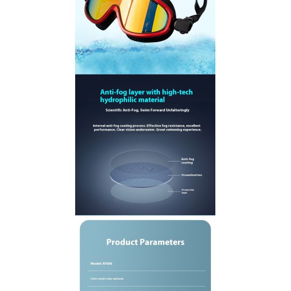 Swimming goggles with large prescription lenses for swimming, with anti-fog and waterproof functions