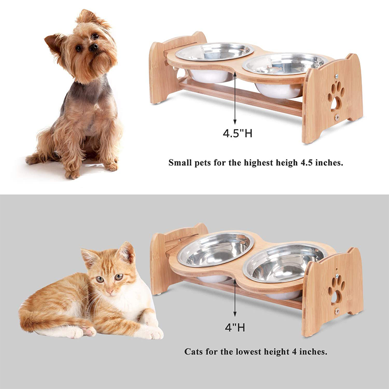 3l Capacity Raised and Elevated Bamboo Pet Feeder with Adjustable Bowls