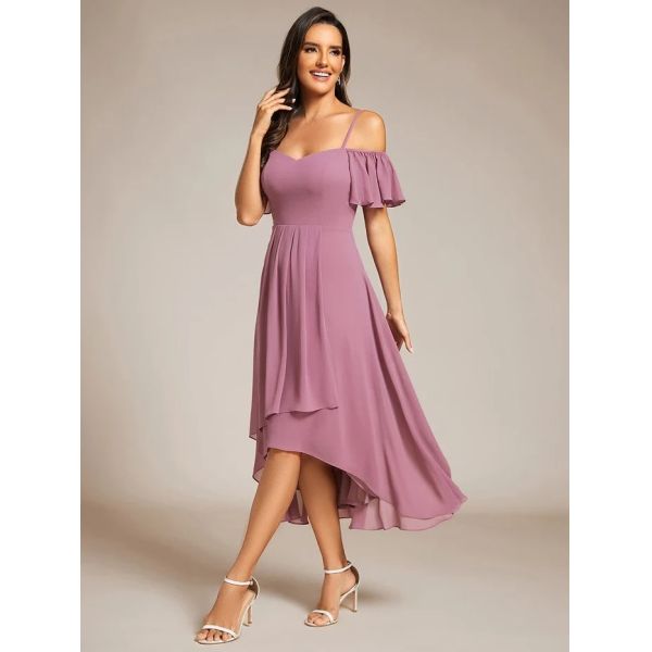 Empire Off-shoulder Spaghetti Strap Zipper High-low Wedding Guest Short Sleeves Purple Orchid Chiffon Homecoming Dress