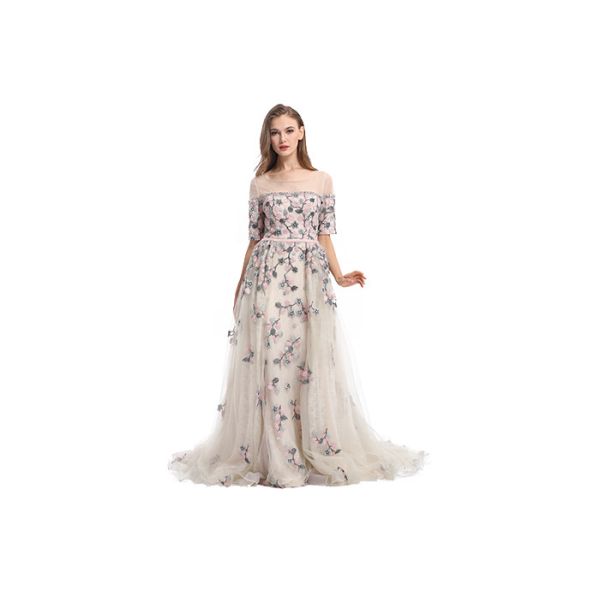 Buy Soft Tulle Neck Embroidery Flower Wedding Bridesmaid Dresses Half Sleeve at wholesale prices