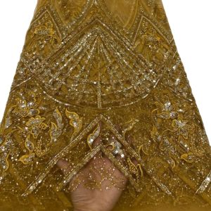 Supoo Luxury Beaded Heavy Tulle sequins Lace Fabric Gold Lace Fabric Embroidery