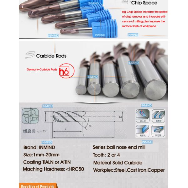 AlTiN Coating , HRC50 2 Flute Ball Nose End Mill Grain Size 0.6-0.8UM High Precision , Long tool life