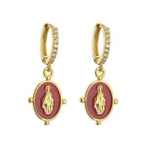 Crystal Rhinestone Hoop Earrings Gold Plated Virgin Mary Pendant OEM
