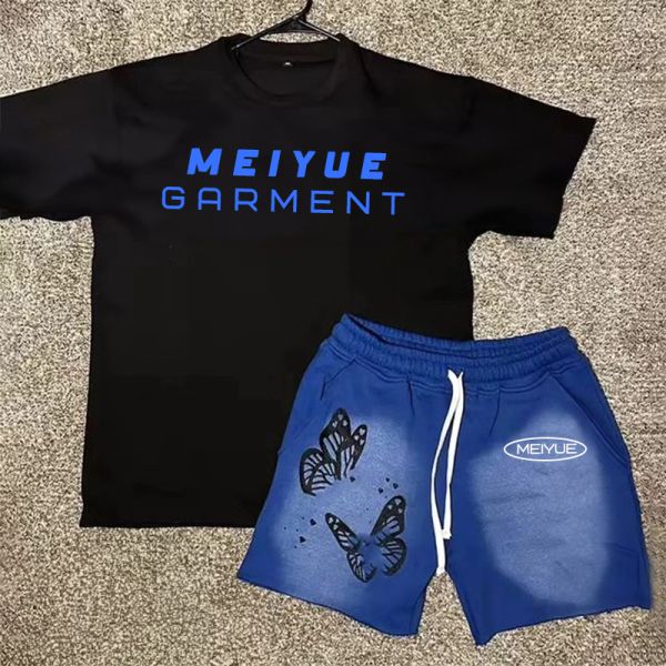 Custom Streetwear Boxy Heavyweight Two Piece Short Set Screen Printing Tee Distressed Acid Wash Vintage T Shirt and Shorts Set