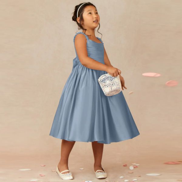 Wholesale Factory Lovely Blue Satin Flower Girl Dress A-Line Ruffles Tea-length Plus Size Sleeveless Children