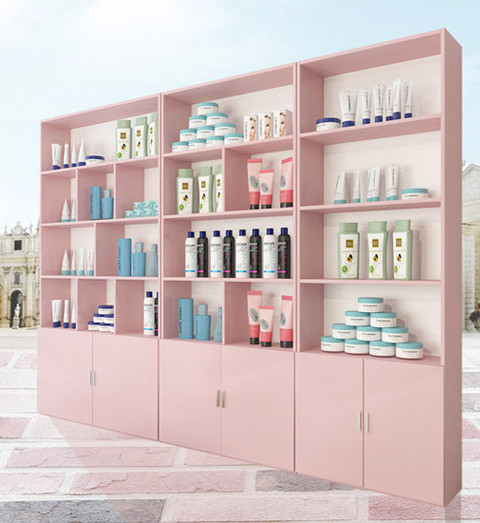 White / Pink Shop Display Cabinets , Commercial Display Cases For Cosmetics