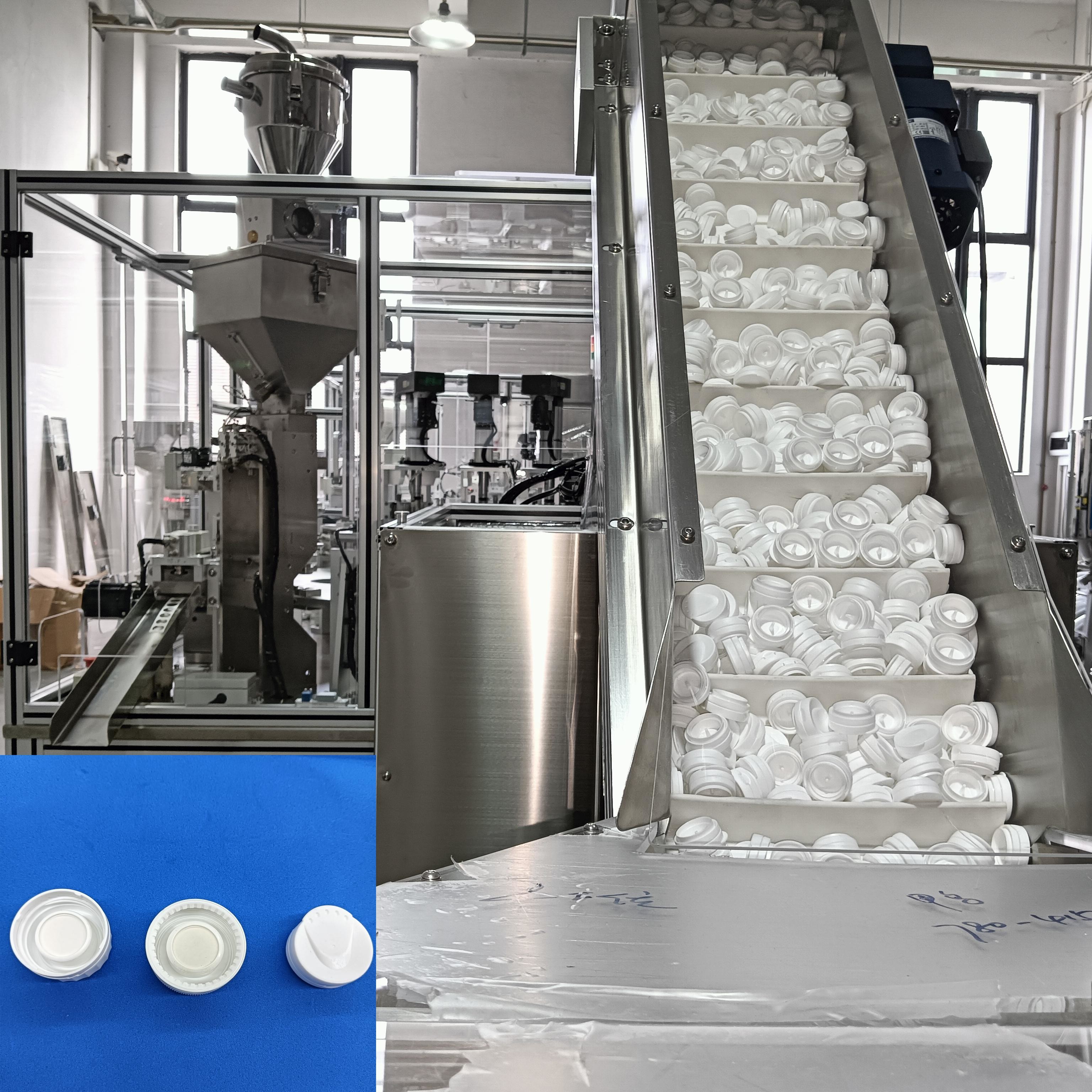 Desiccant cap automatic filling machine, turntable operation, with feeding