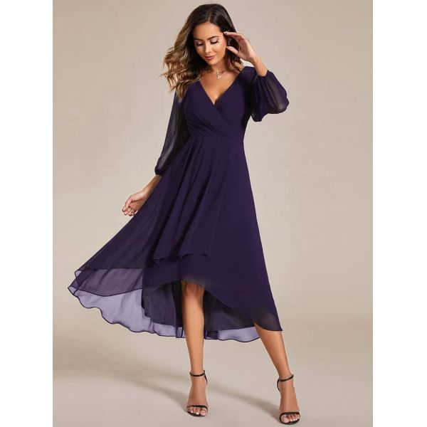 Elegant Empire Long Sleeve V-neck High Low A-line Ruffled Midi Navy Blue Chiffon Wedding Guest Evening Dress