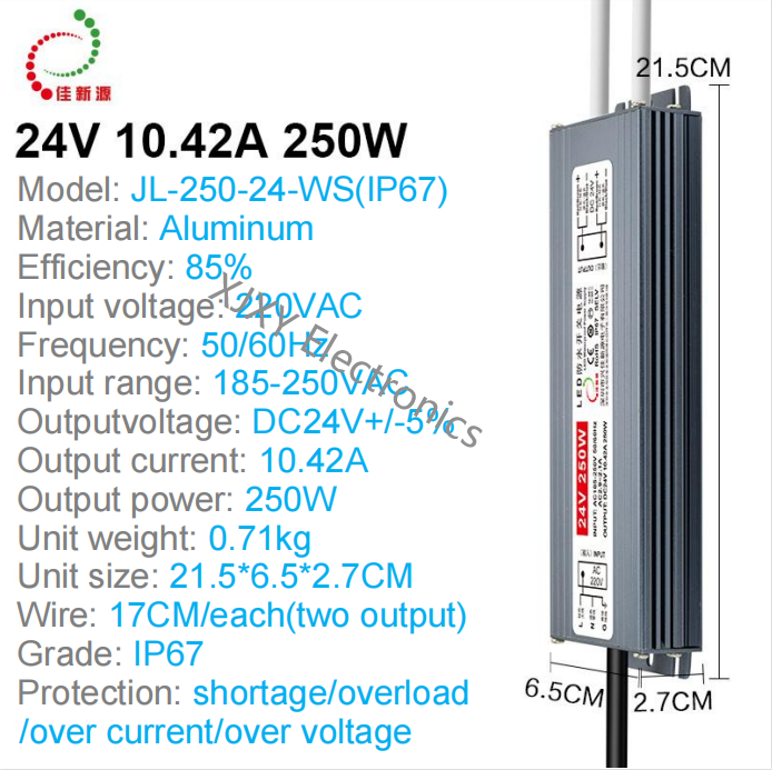 Wall Light IP67 Waterproof LED Driver Thin 10A 24V 250W Power Supply