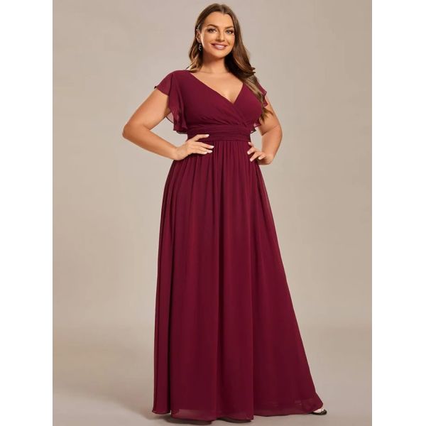 Empire Plus Size V-neck Open Back Ruffled A-line Cap Sleeves Burgundy Chiffon Party Dress