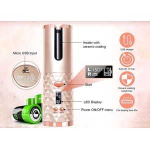 LED Display Automatic Turning Curling Iron , Ceramic Portable Usb Hair Curler