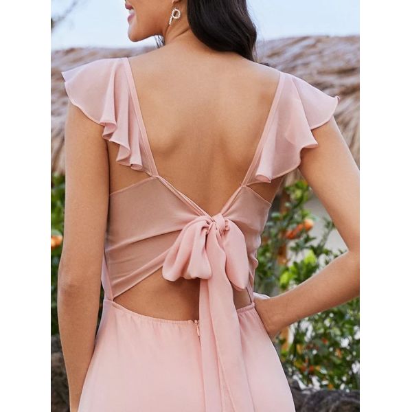 Ruffle Sleeves Sweep Train Bow-tie Backless And High Slit U-neck Pink Chiffon Bridesmaid Dress