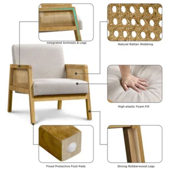 Modern Living Room Luxury Armchair Furniture Wooden Sofa Chair with Luxury Fabric Velvet and Rattan in Popular Nature Color