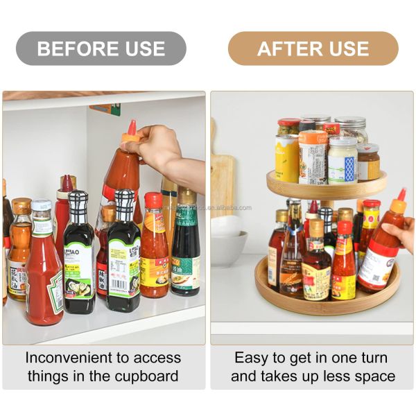 Standing Type 2 Tier Natural Bamboo Lazy Susan Turntable Organizer for Modern Kitchen