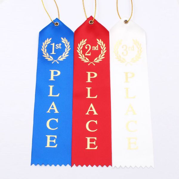 Fancy Custom Award Ribbons Blue / Red / White Color Hot Stamping Printing