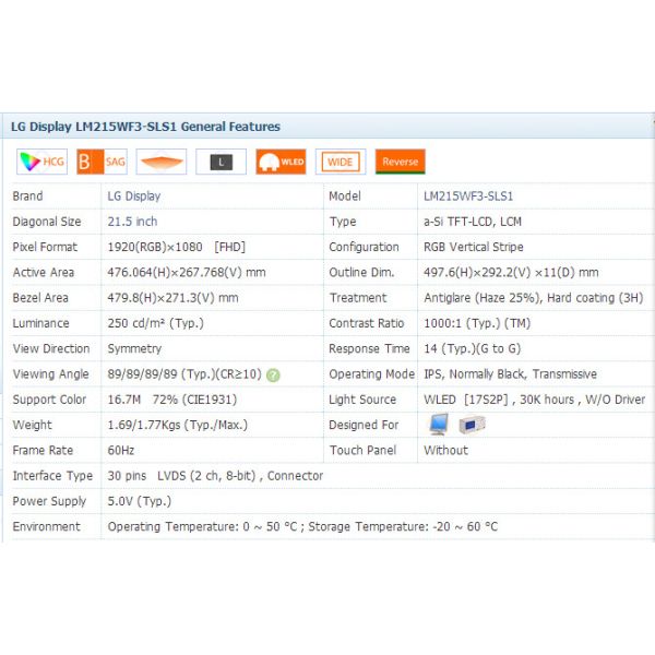 LM215WF3-SLS1 Industrial LCD Panel 21.5 Inch 1920*1080 Pixel Format