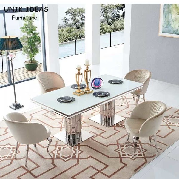 Buy Luxury Glass Dining Room Table Set 6 Chairs With Metal Leg Chrome at wholesale prices