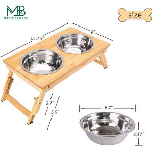 Bamboo Foldable Pet Feeder Non-Slip Two Bowls