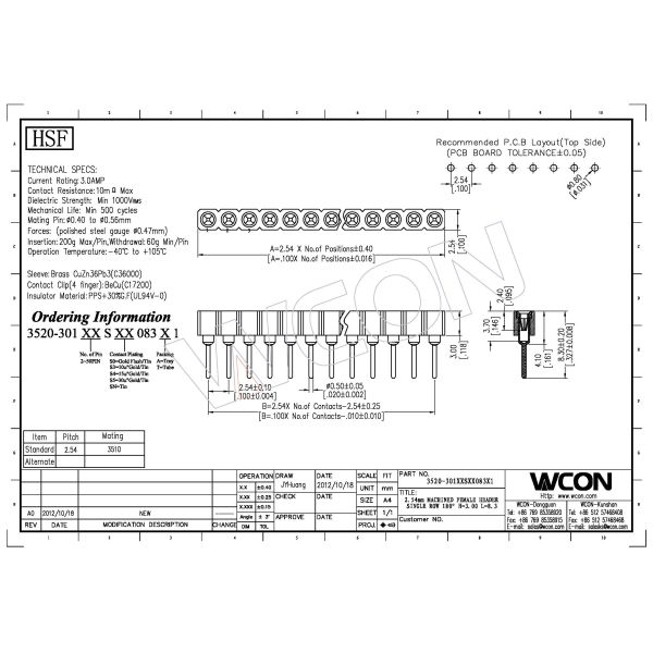 WCON 2.54 mm Round Pin Header Singer Row 180°DIP H=3.0 PPS length 8.3mm black ROHS