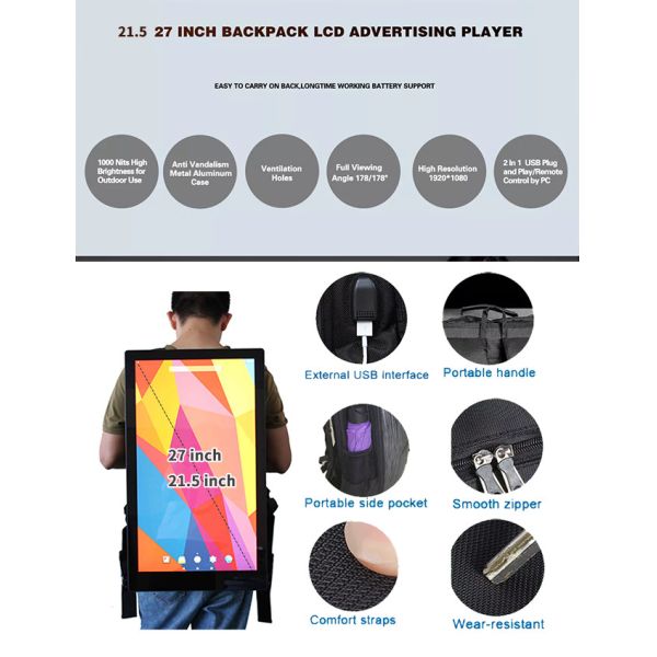27 Inch 21.5 Inch Backpack With LCD Screen LCD Advertising Player Battery Outdoor Brightness HD 50000 Hours