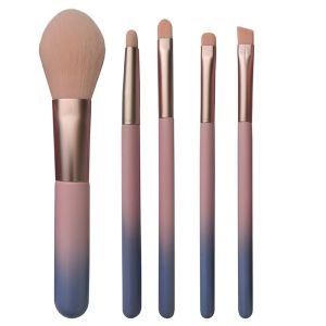 5PCS Pink Mini Travel Makeup Brush Set Synthetic Bristle Portable Wooden Handle
