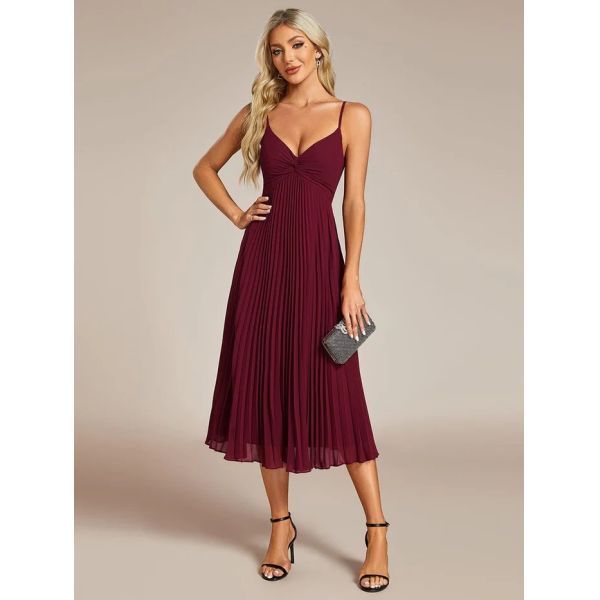 V-neck Empire Midi Burgundy Chiffon Stacked Pleating Backless Wedding Guest Dress Cocktail Dresses