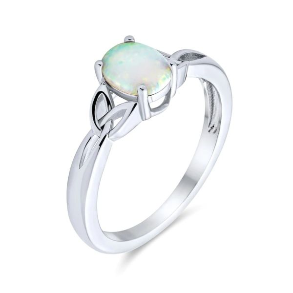 Oval Lab-Created Opal Celtic Love Knot Side Accent Ring in Sterling Silver