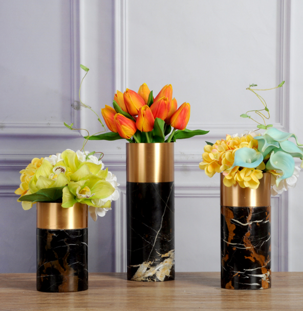 OEM Painting Decorative Flower Vase Gold Plated Cylinder With Marble