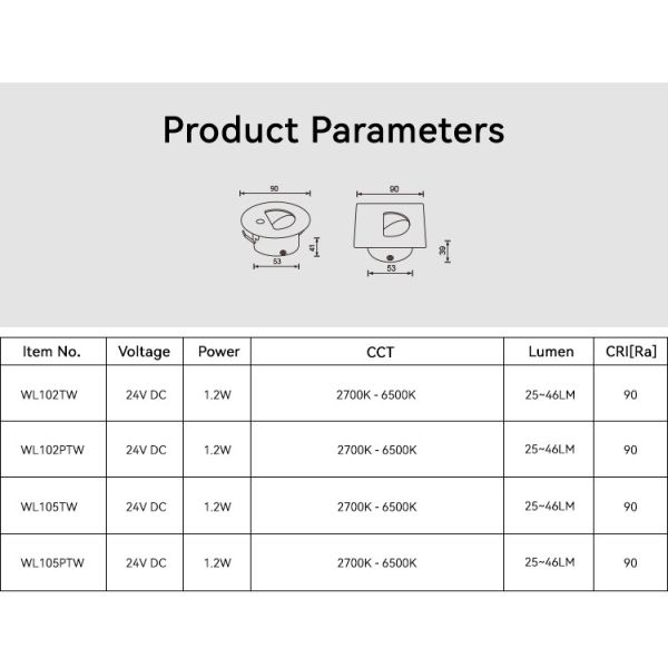 DC24V Tunable Round Stair Lights White 2700K-6500K Round LED Step Light