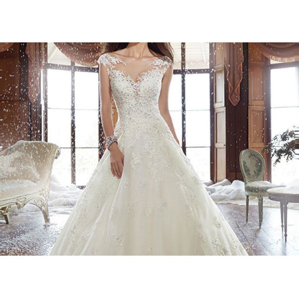 Sleeveless Long Tail Bridal Gown , Ivory Lace Wedding Dress Back Bandage Style