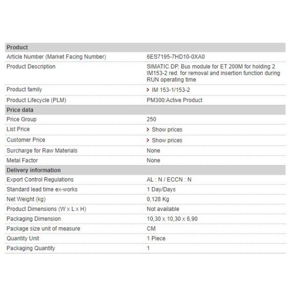 6ES7195-7HD10-0XA0 Siemens Bus Unit for Redundancy